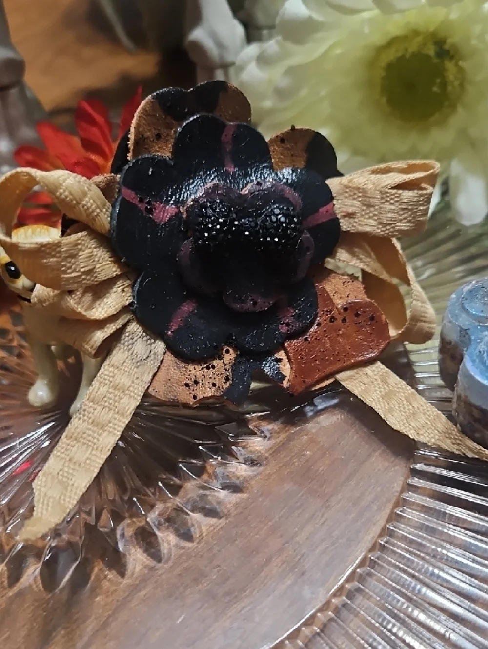 Hand Crafted Genuine Leather Floral Dog Bow Charm NEW